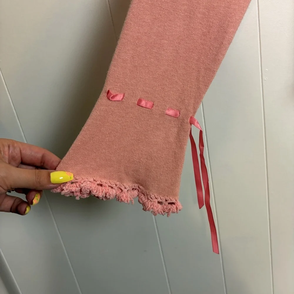 Betsey Johnson Vintage Pink Knit Cardigan Floral Embroidered Sweater whimsy sm - Picture 6 of 12